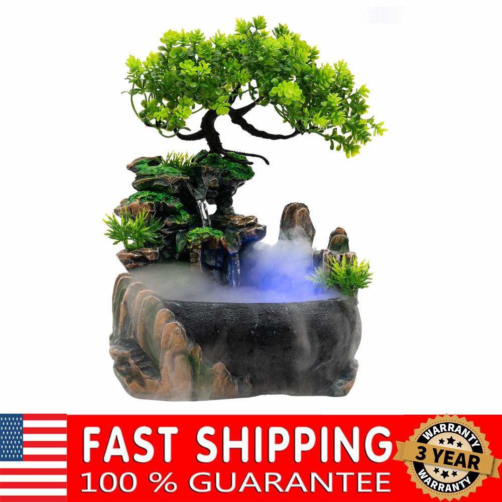 Waterfall Fountain Indoor with LED Lights & Atomizer,Resin Tabletop Water Fountain Water Fountains Indoor for Office Bedroom verde