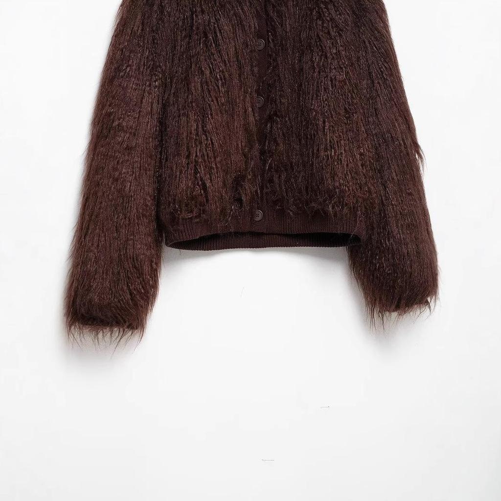 2024 Winter Women's Fashion European & American Style Faux Fur Knit Cardigan