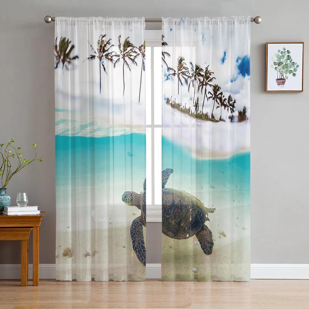 Sea Turtle Ocean Creature Landscape Voile Curtains Living Room Bedroom Transparent Tulle Window Drapes Curtain With Sheer Polyester Perfect For Area