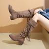 Cowhide Version~ Retro Wasteland Fringed Knight Boots Thick Heel But Knee Long Boots Slim Pile Medium Boots Women