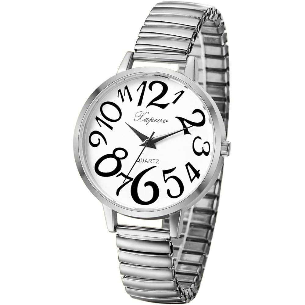 Silver Women s Analog Quartz Watch with Large Numbers, Elastic Band, Free Size