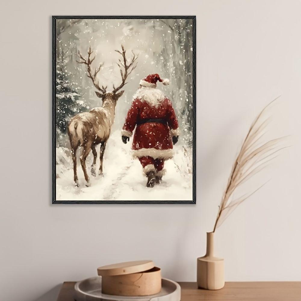 

[Vintage Christmas Wall Art] Vintage Christmas Canvas Wall Art Print, 1 Santa Claus and Reindeer in the Snowy Forest - Unframed (as the picture,20x30cm No Frame)