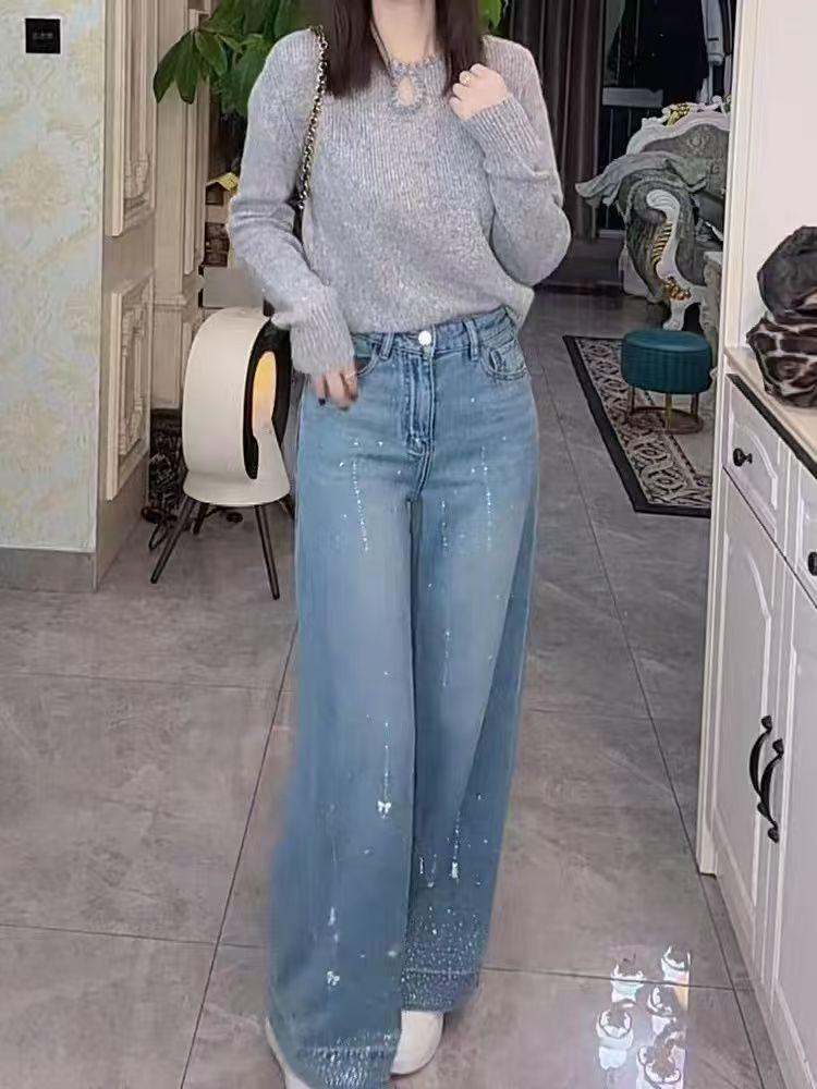 High-Waisted Glitter Rhinestone Jeans for Women - Spring/Autumn 2026 Trendy High-End Straight/Narrow/Wide Leg Style