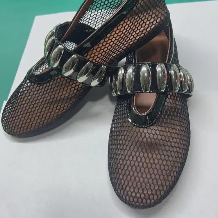 2024 European & American Round Head Mesh Buckle Wide Band Ballet Shoes: New Hollow Mary Jane Sandals