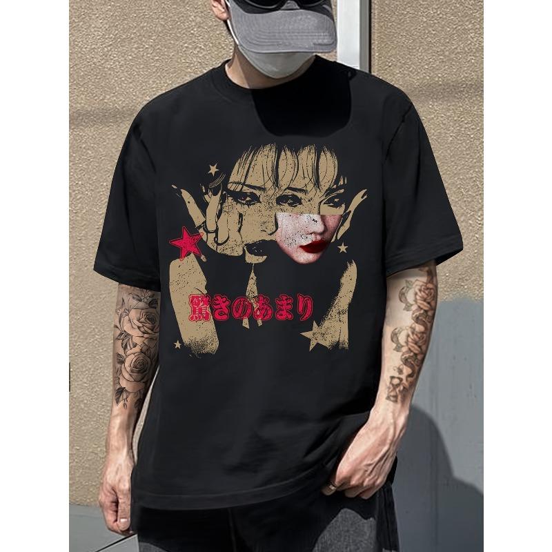 European Size Patterned Portrait Fashion T-Shirt, Men's Casual Sports Loose Short Sleeve Black Shirt with Character Head Portrait
