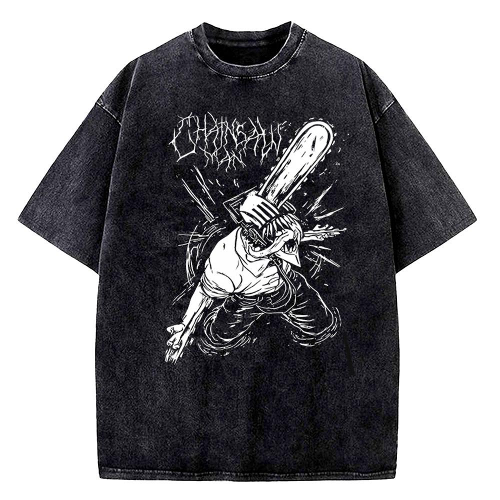 Vintage Gewaschenes Chainsaw Man Grafik T-Shirt Hohe Qualität T-Shirt 100% Baumwolle Tee Streetwear für Herrenbekleidung