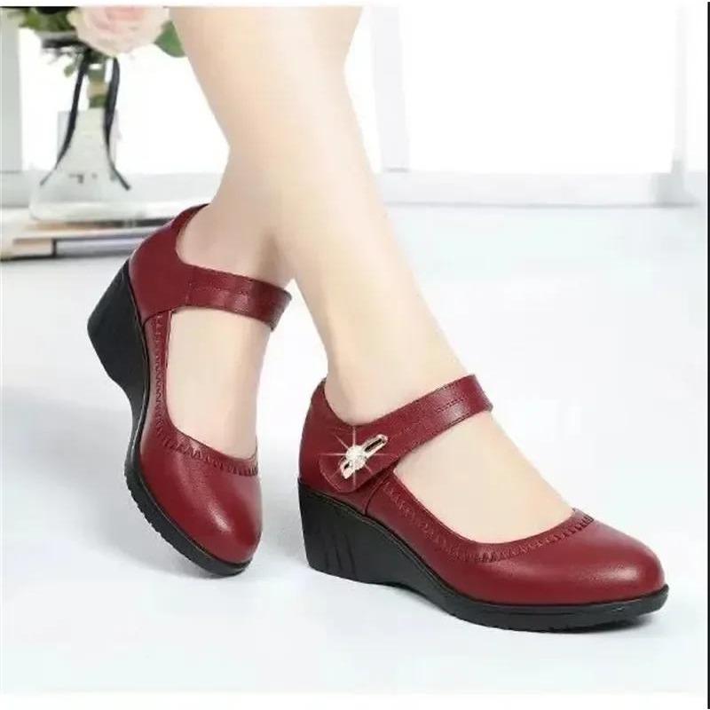 Zapatos De Mujer Women Cute Comfort Buckle Strap Black Patent Leather Height Increased Shoes Lady Cool Wine Red Heel Shoes