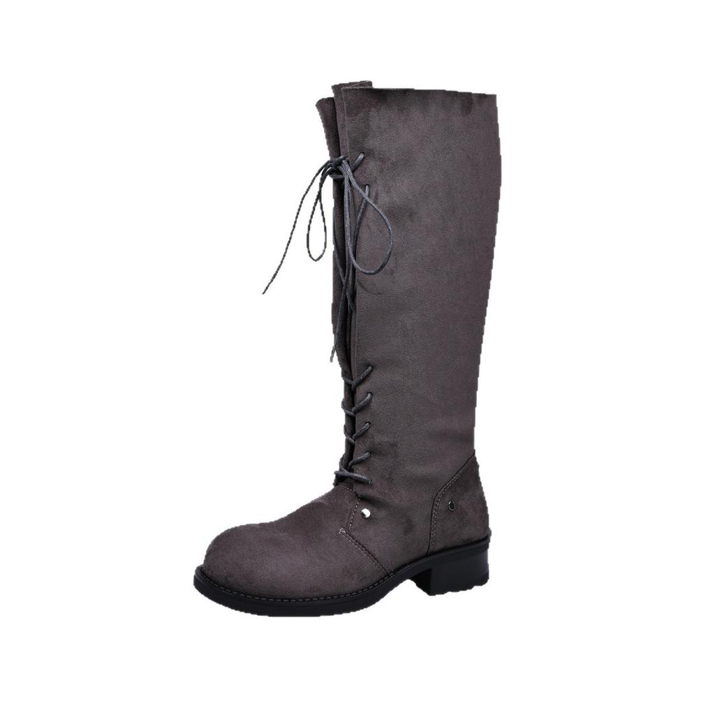 Temperament French autumn medium and tall thick heel boots lace-up locomotive boots and boots women's round head black no