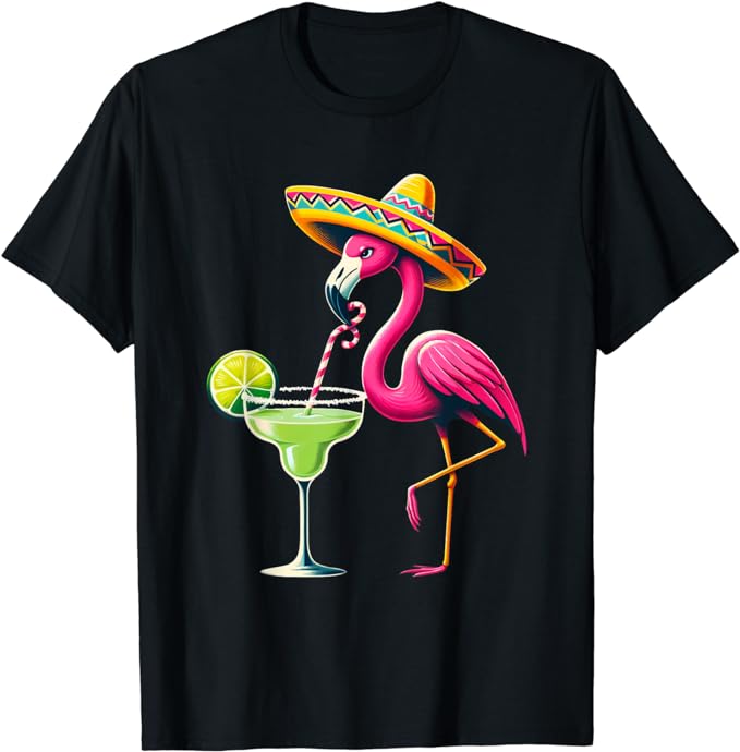 Flamingo Drinking Margarita Mexican Poncho Cinco De Mayo T-Shirt Tacos Tequila Pride Mexican Festival Party Clothes Novelty Gift