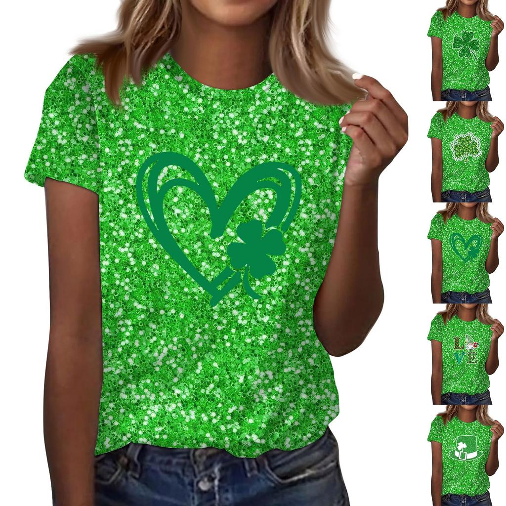Women's  Casual Short Sleeve Shirts Fashion St Patrick's Print Tunic Tops With Pockets