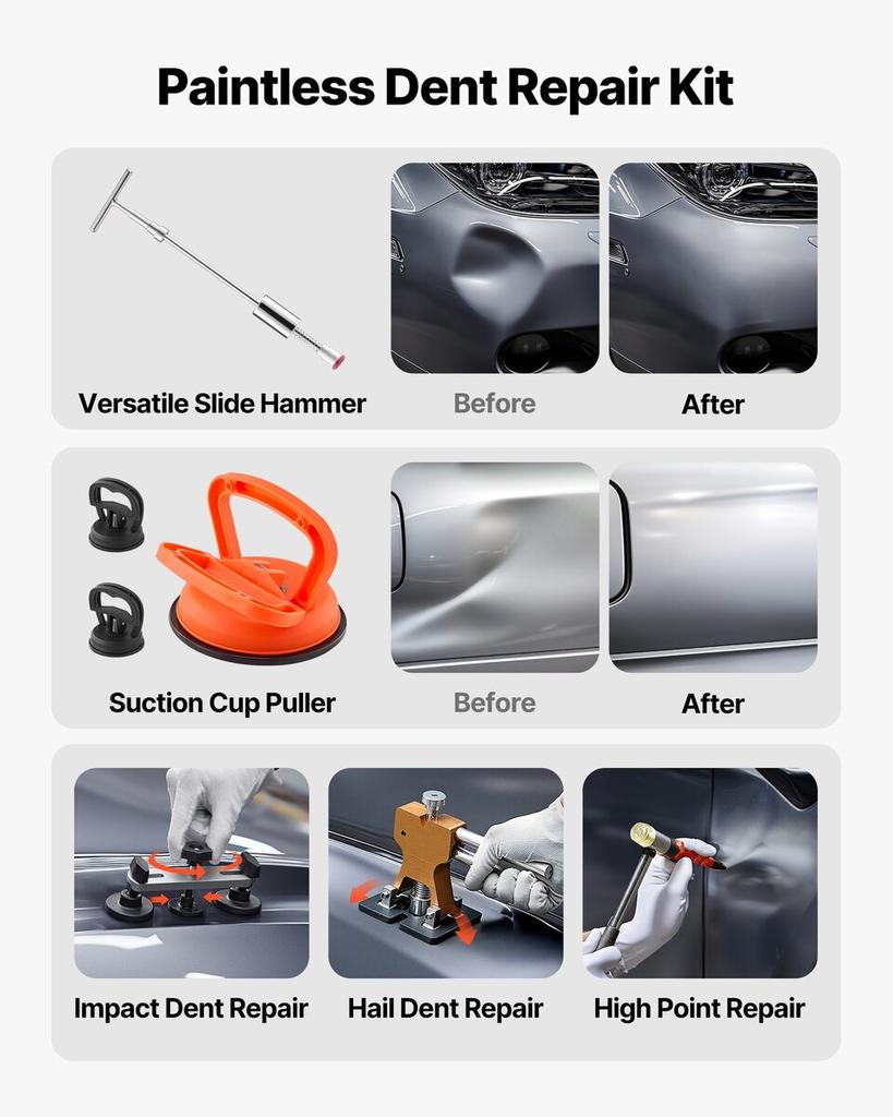 Dent Puller Kit, 100 PCS Paintless Dent Removal Kit with Golden Lifter, Bridge Puller, Slide Hammer T-Bar, Glue Gun, Auto Body Hail Damage Remover