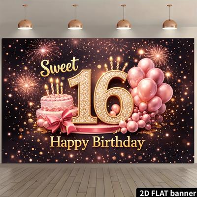 2D Plane Sweet 16th Birthday Party Background Cloth - Gold Diamond Number 16 Theme, YZB