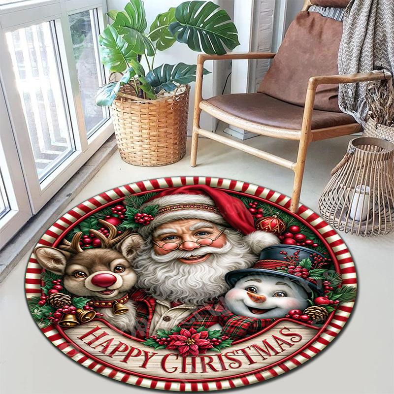 Cute Christmas Day Gift Bell Santa Claus Snowman Christmas Tree round rug Home Soft Decorative Anti slip Chair Mat Carpet Outdoor Floor Mat Carpet 52