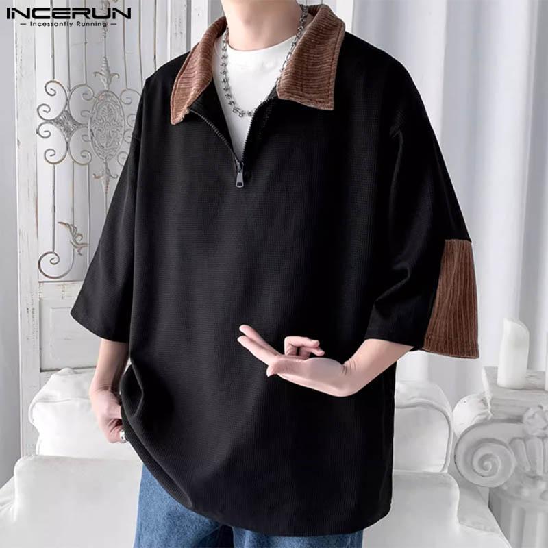 INCERUN Men Oversized Zipper Lapel Half Sleeve Loose Tops Summer Patchwork T-shirts