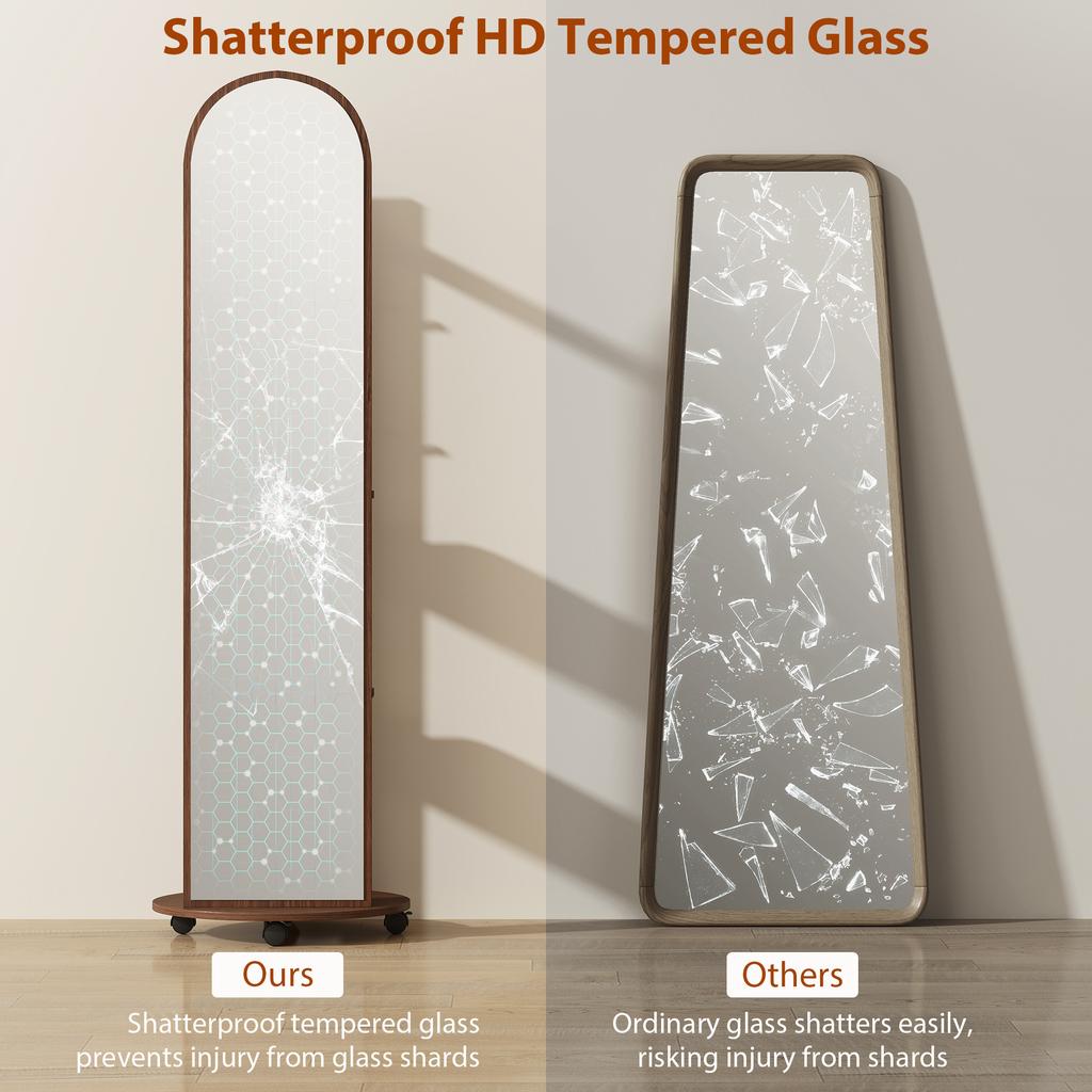 2-in-1 Full Length Mirror with Storage Shelves, Floor Mirror with 4 Wheels, Coat Rack, Hooks, Brown Wood Effect