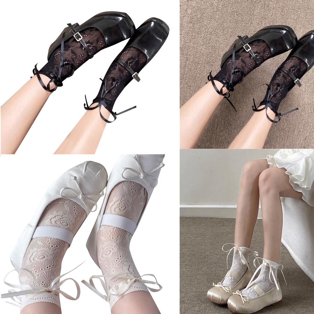 Women Sweet Hollow-Out Floral Lace Ankle Socks Japanese Cute Lace Up Bowknot Crew Socks Solid Color Middle Tube Socks