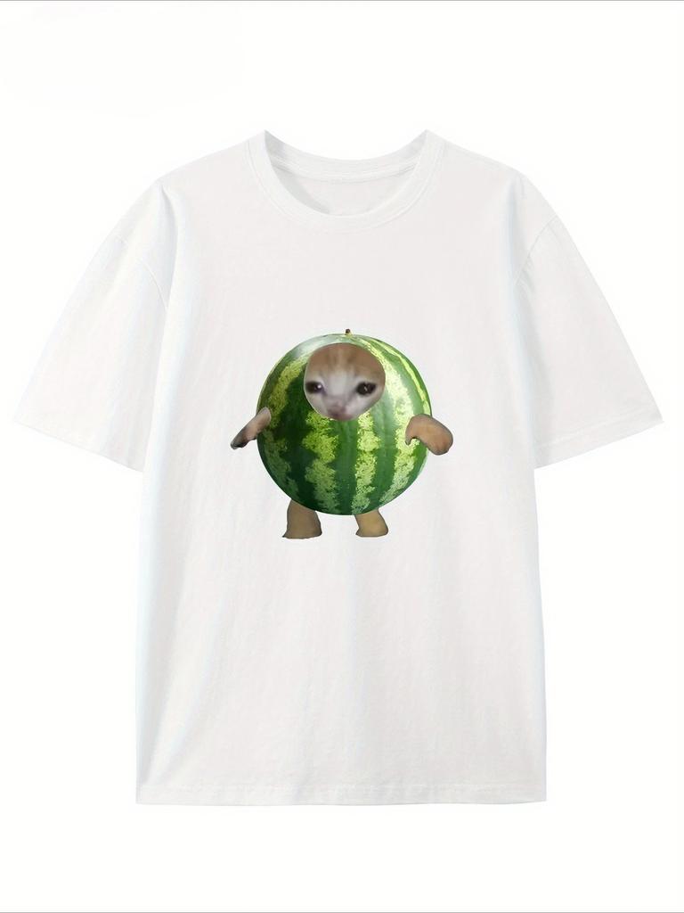 Women's Casual T-shirt with Cute Watermelon Cat Print Design Short Sleeves, Round Neck  Comfortable for Street Wear