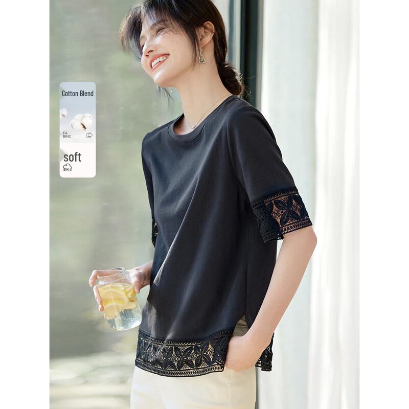 XWI Women s Elegant Hollow Out Splice Cotton T-Shirt S