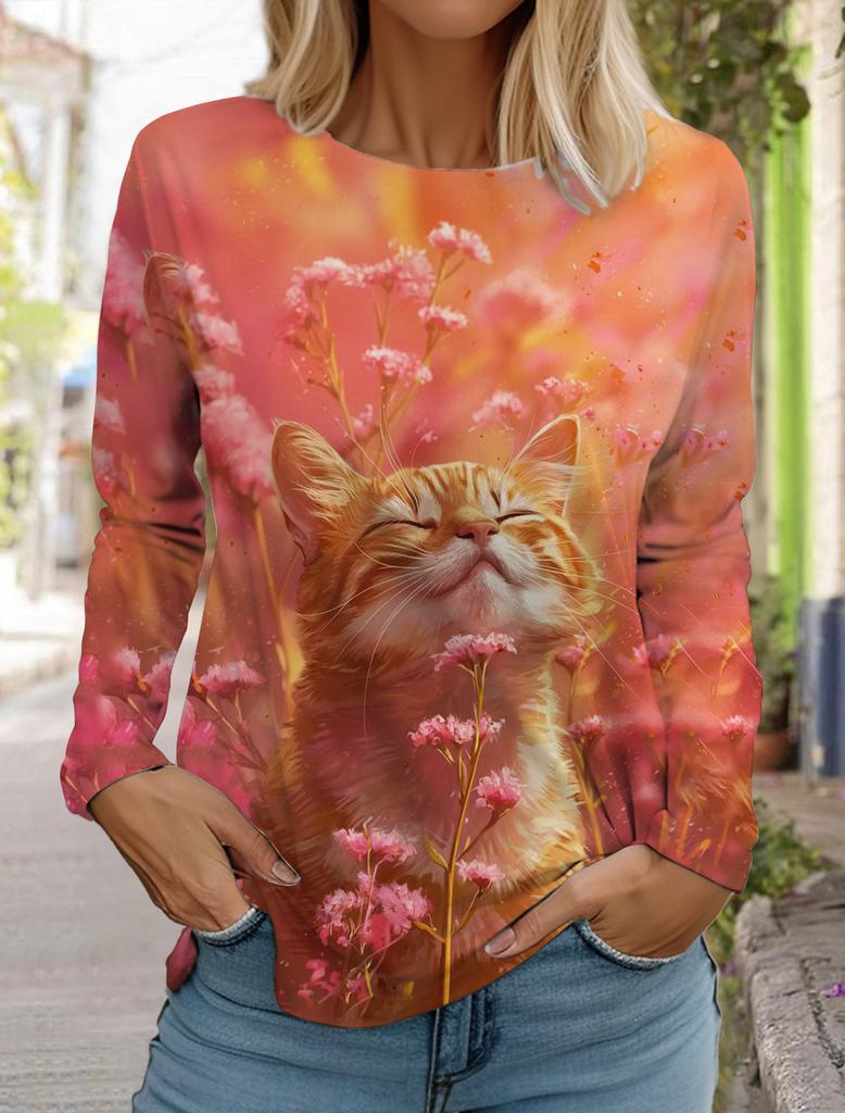 Felpa da Donna Designer Girocollo Manica Lunga Moda Casual Carina Gatto Animale Stampa Modello Top