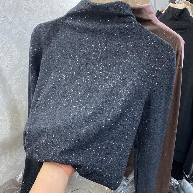 Zimní Dámská Móda Top Třpytky Dámské Nové Tlusté tričko se zapínáním na polovysoký výstřih, dlouhý rukáv Basic All Match Trička