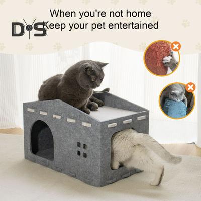 Cat Bed Large Cat Cave Nest Pet House Felt Cat Play Rest Space Pet Condo Hideaway Cube 2 In 1 Scratching Board Cat Bed for Indoor Cats