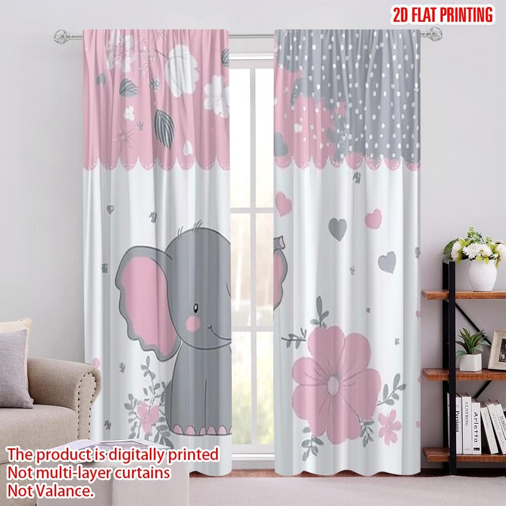 

Flat Printing Window Curtains Playful Elephant Digital Printed Polyester Drapes Seasonal Party Holiday Decor Curtain Set Of 2 Made Washable W100*H70(CM)-Rod Pocket&2PCS
