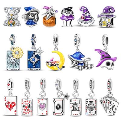 Mysterious 925 Silver Witch and Tarot Card Playing Cards Charm Fit DIY Bracelet Necklace Wishing For A Lucky Gift