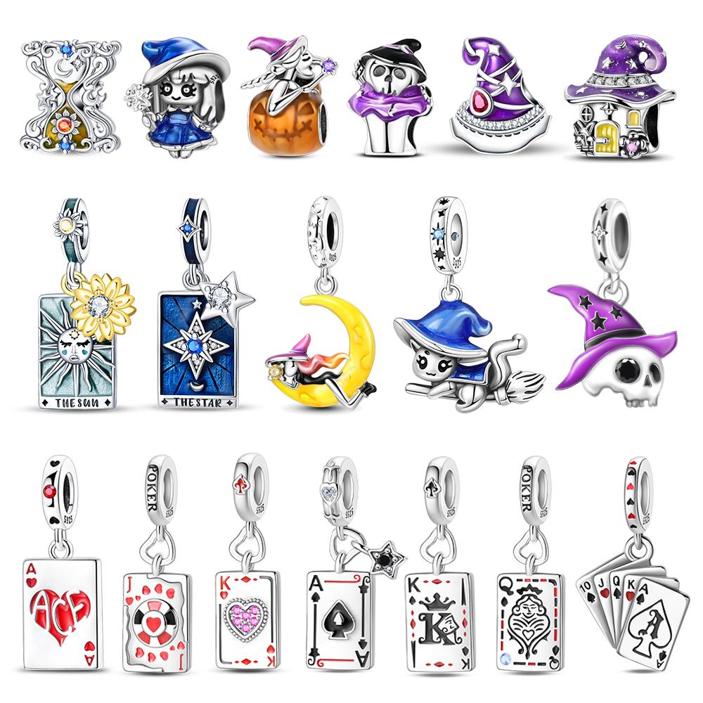 Mysterious 925 Silver Witch and Tarot Card Playing Cards Charm Fit DIY Bracelet Necklace Wishing For A Lucky Gift