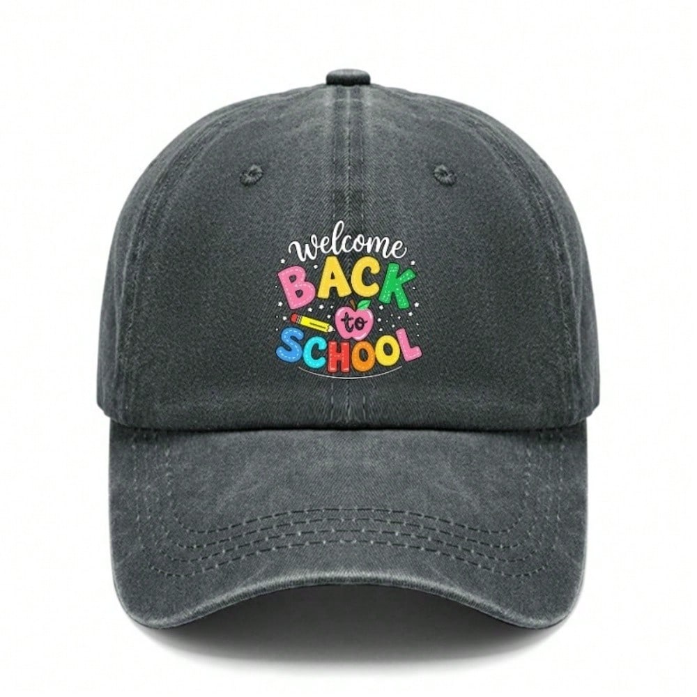 Back To School Baseball Cap - Welcome Back To School Letter Print Adjustable Breathable Washed Casual Daily Wear Baseball Hat For Teachers Students чёрный