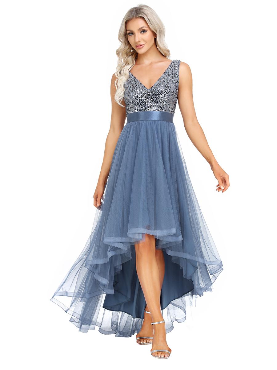 

Всегда красивые женские вечерние платья из тюля с двойным v-образным вырезом и пайетками без рукавов 3XL серо голубой