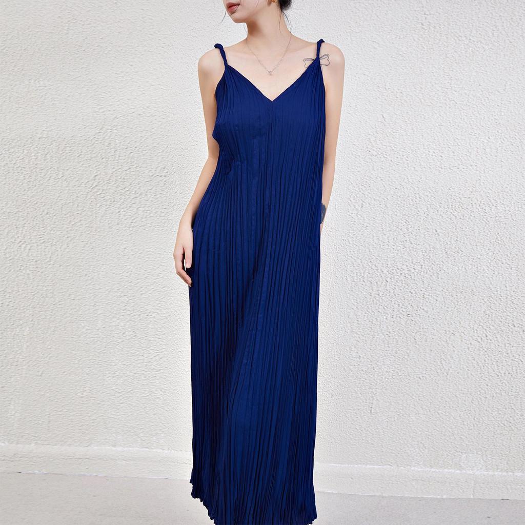 Summer French Sleeveless Pleated Spaghetti Strap Maxi Dress