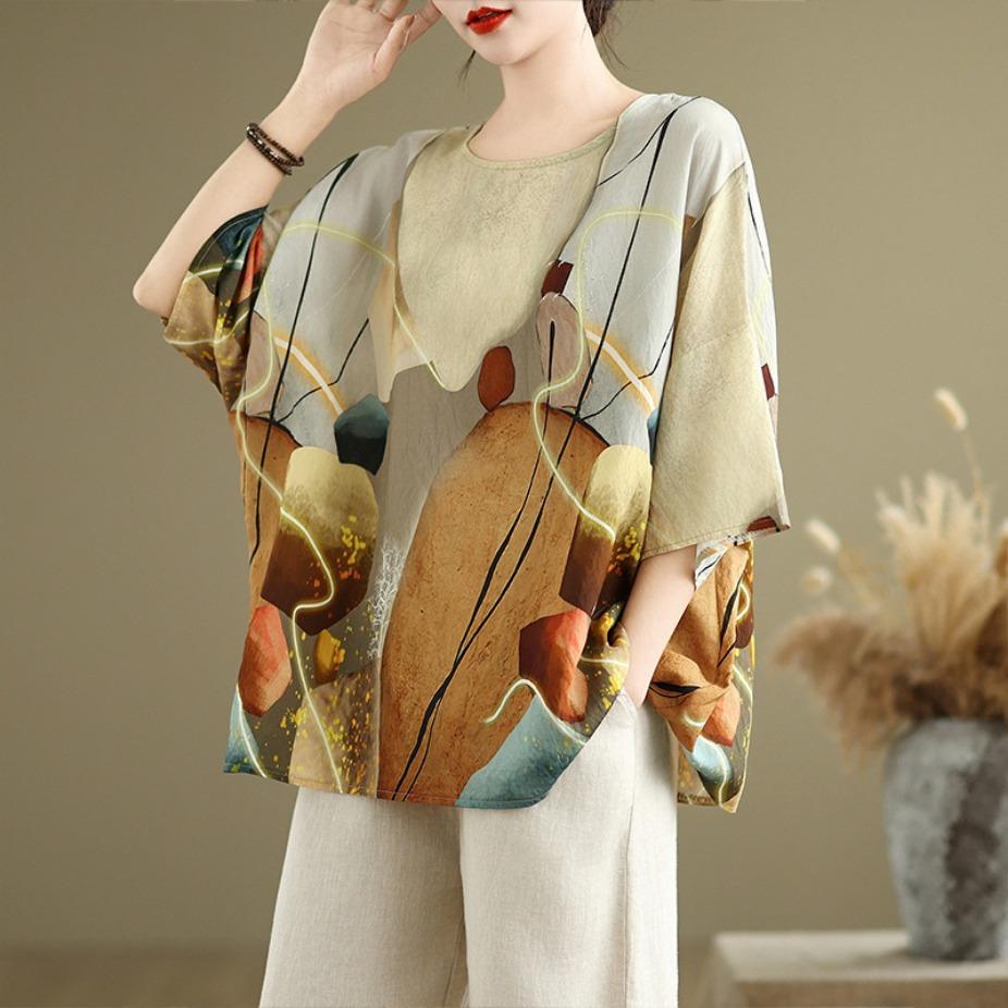 Summer Hemp Cotton Blouse Ethnic Style Bat Sleeve Loose Oversized Round Neck T-shirt Casual Comfortable for Women