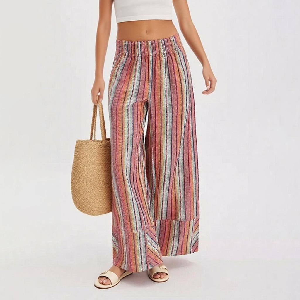 Women's Striped Wide Leg Palazzo Pants Elastic High Waisted Baggy Loose Long Trousers