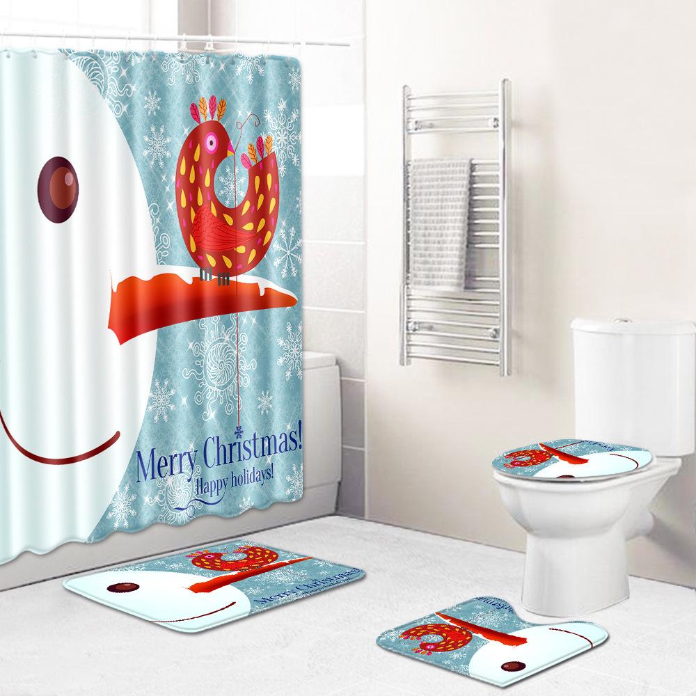 Christmas Shower Curtain Floor Mat Combination Four-Piece Set Bathroom Toilet Carpet Shower Room Mat Foot Mat