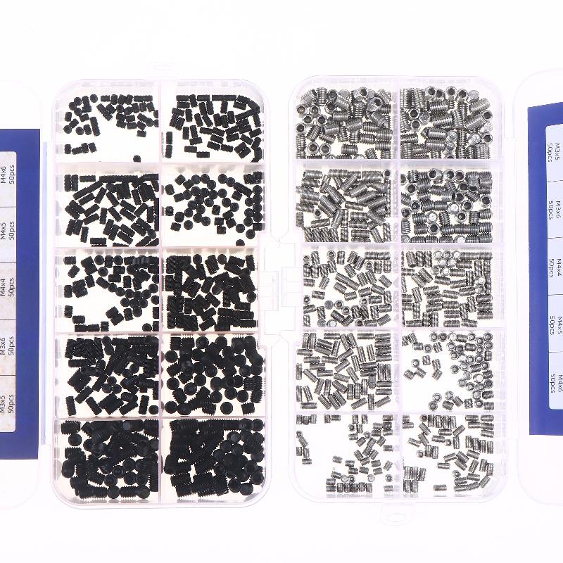 NEW 500pcs M2.5 M3 M4 DIN913 304 Stainless Steel Black Hex Hexagon Socket Allen Flat Point Grub Bolt Set Screw Kit Box