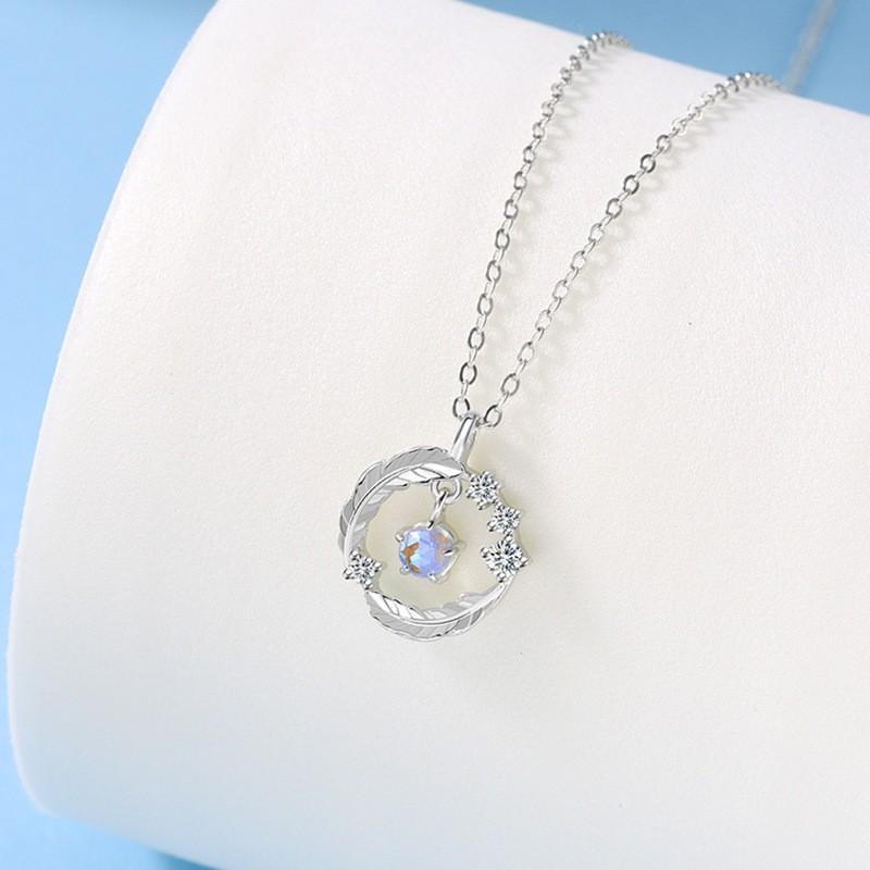 Elegant Feather Pendant Necklace Women Sterling With Iridescent Moonstone Floral Design Lightweight Daily Wear