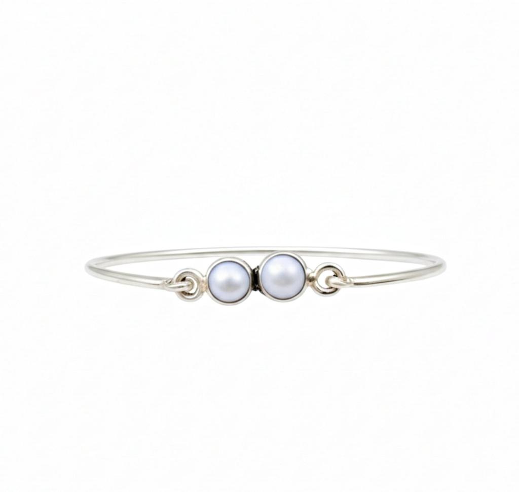 Twin White Pearl Gemstone Bracelet, Minimalist Everyday Wear Bangle for Women