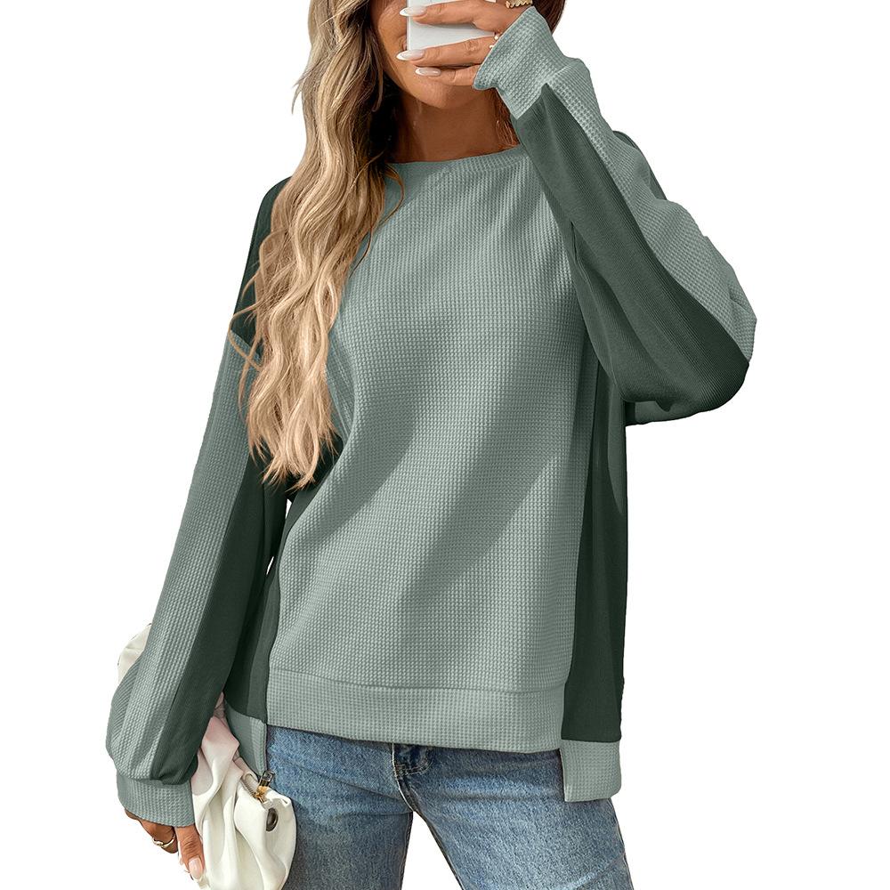 2025 Autumn New Round Neck Casual Loose Contrast Long-sleeved Waffle Top