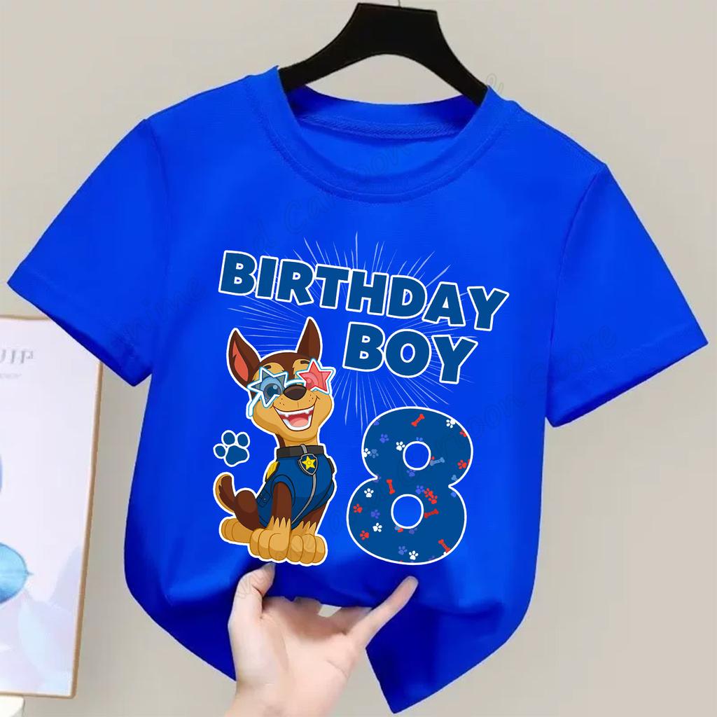 Paw Patrol Chase T-shirt for Children Birthday Figure Tee Top New Boy Girl Clothes Cartoon Short Sleeve Kids Loose Clothing Gift