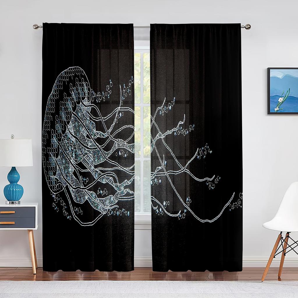 Jellyfish In The Deep Ocean Window Tulle Curtains Foamy Dreamy Blue Ocean Sheer Voile Curtain for Living Room Bedroom Decoration