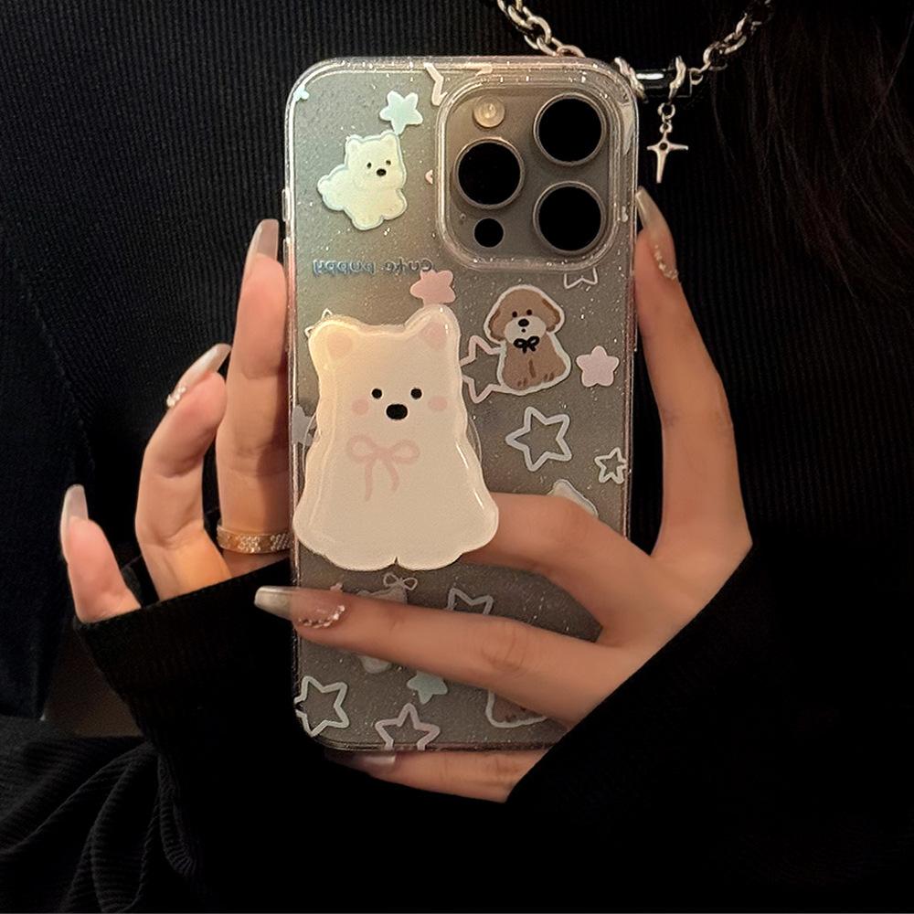 For Apple 15 Mobile Phone Case 16 Glitter Ins Korean Style Dog Holder for IPhone17pro Max