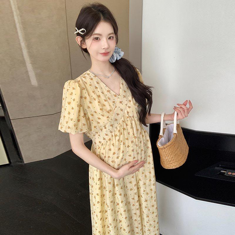 2026 Summer Floral Korean Style Mid-Length Loose Maternity Dress L