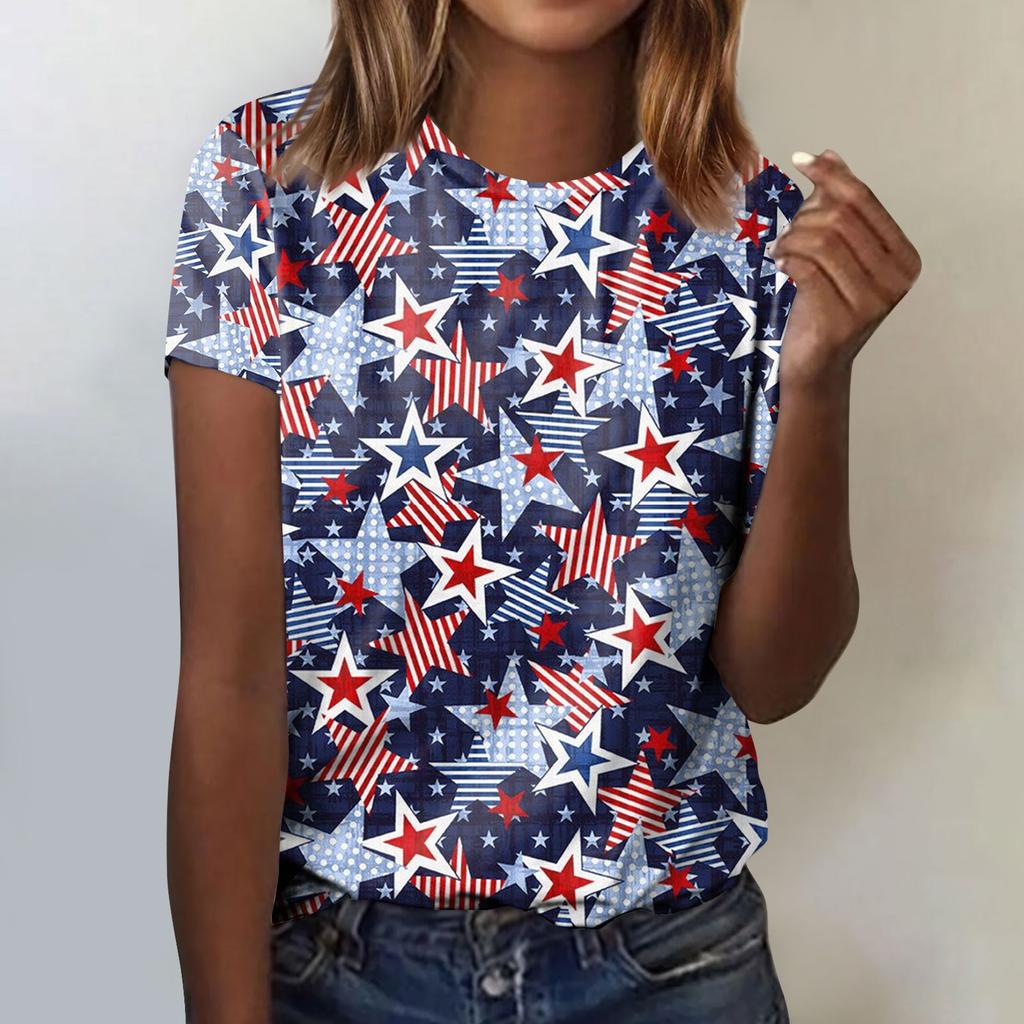 Women's Fashion Casual Independence Day Printed Round Neck Short Sleeve T-Shirt Top