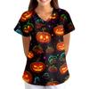 Women's Halloween Print Loose Fit V Neck Short Sleeve Nurse Scrub Top with Pockets Casual Medical Uniform Shirt