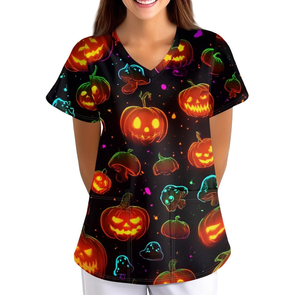 Women's Halloween Print Loose Fit V Neck Short Sleeve Nurse Scrub Top with Pockets Casual Medical Uniform Shirt