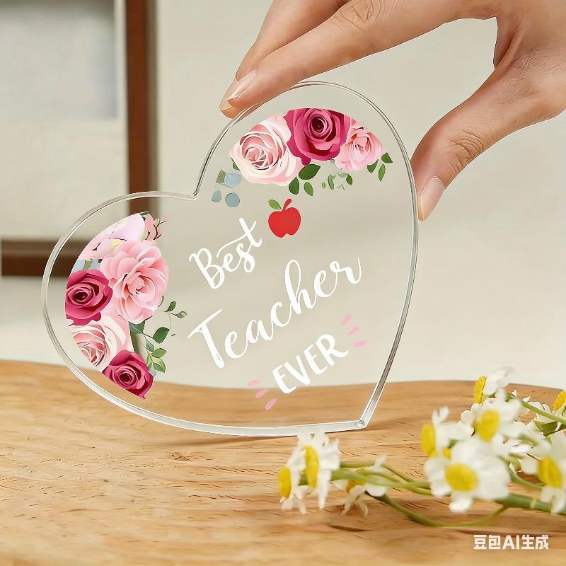2D Flat, "Best Teacher Ever" Heart-Shaped Acrylic Teacher Appreciation Gift Desktop Decoration Plaque, Pink Roses & Red Apple Design, Home Decor Plaqu