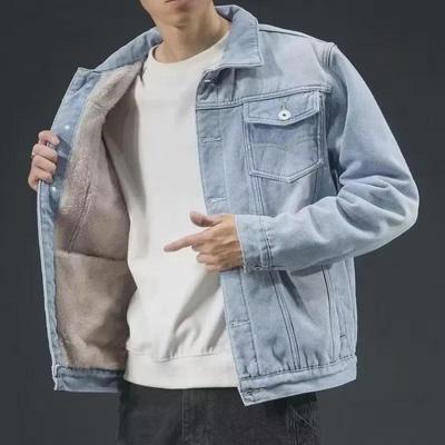 Men's Plush Lambskin Denim Jacket - Warm, Thickened, Cotton-Padded for Autumn/Winter.