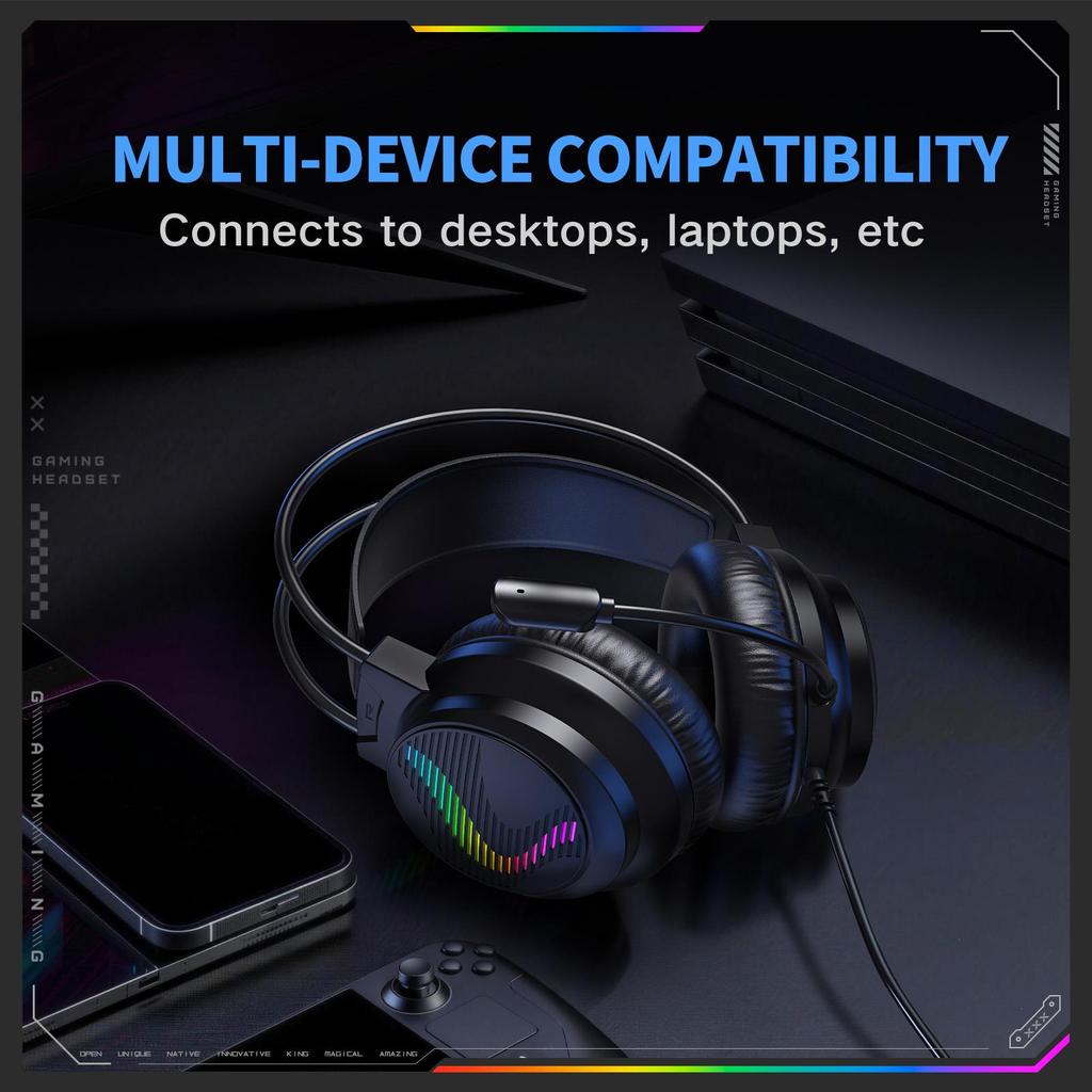 Wired Gaming Headset with RGB Light, 50mm Driver 360° Bendable Noise‑cancelling Mic 3.5mm USB Gaming Headphones for PC PS4 Xbox One