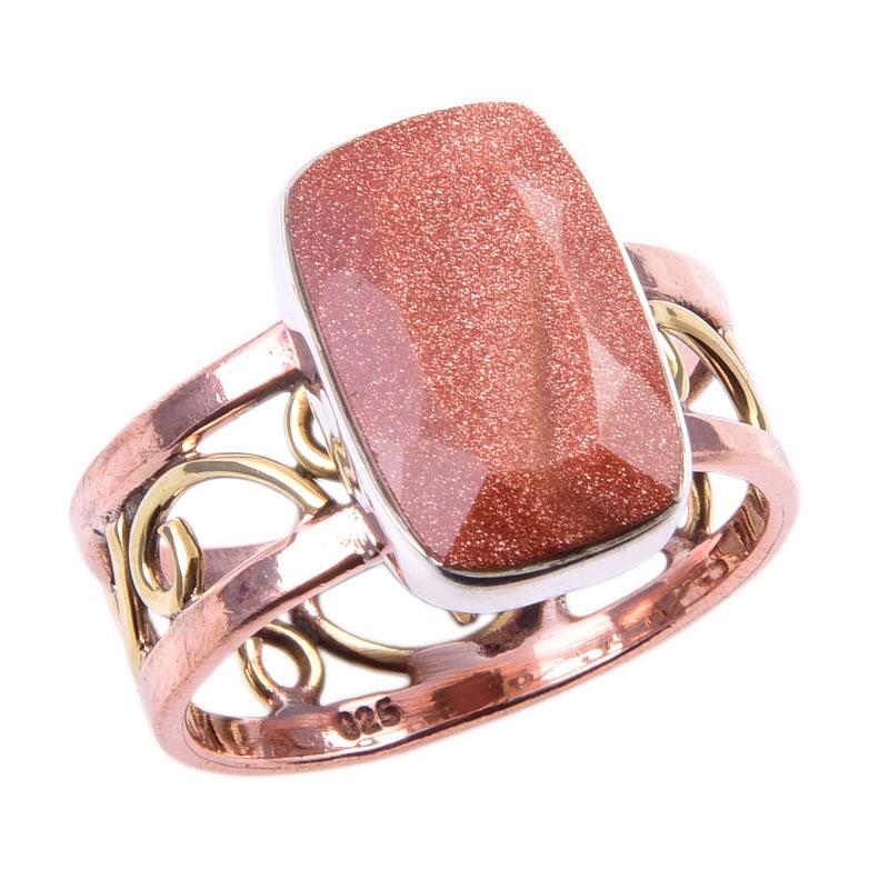 Natural Sunstone Gemstone Handmade 925 Sterling Silver Two Tone Ring S.10 e3I54