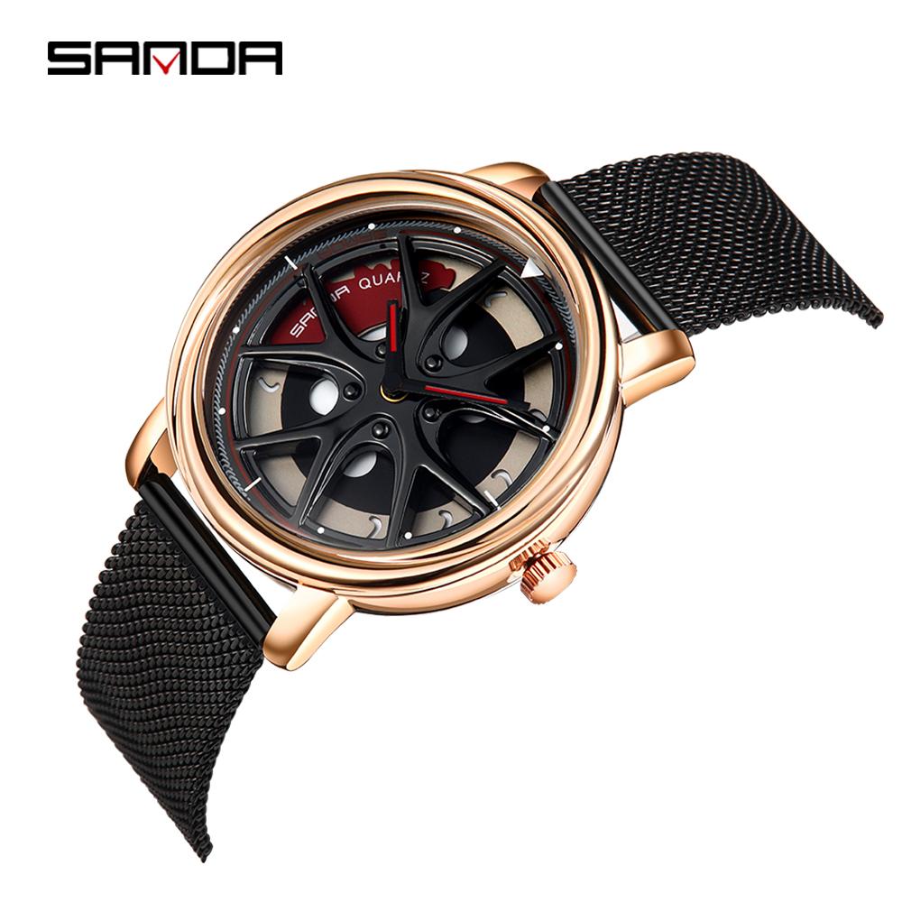 SANDA Top Men Quartz Watches Sports Car Watch Waterproof Sport 360℃ Rotating Rim Hub Wheel Wristwatch Car Quartz Men's Watches